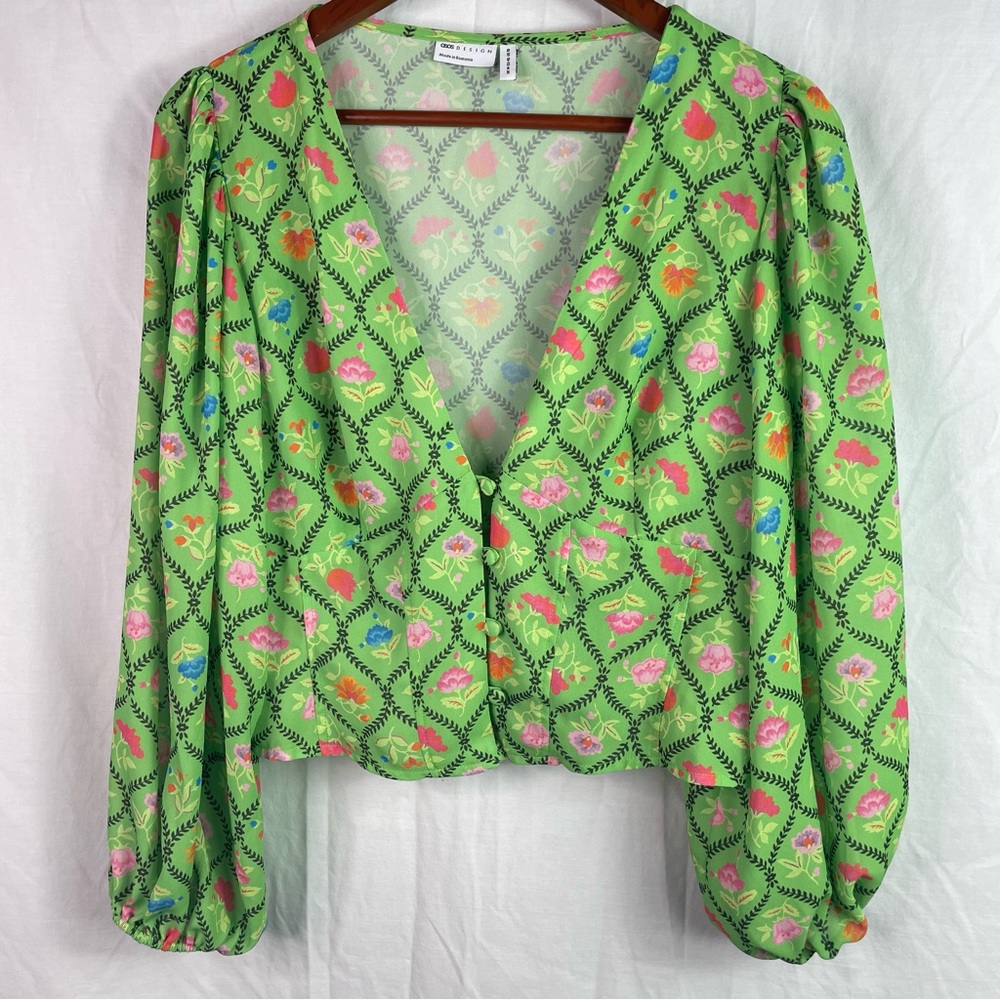 ASOS Design Women's V-Neck Long Sleeves Cropped Blouse Top Size 10 Green Peasant